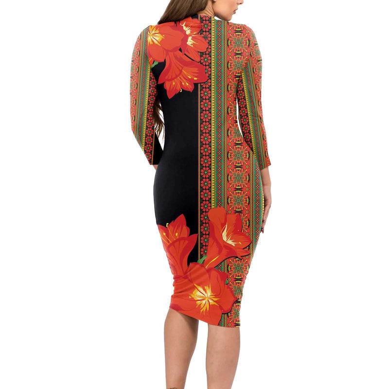 Africa Beauty Clivia Miniata Flowers Long Sleeve Bodycon Dress