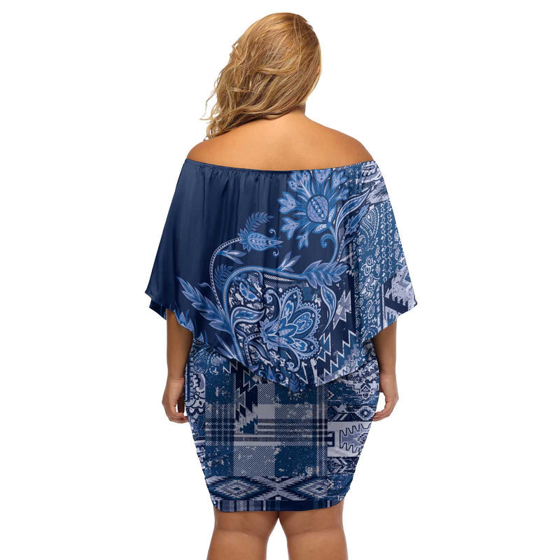 Africa Floral Mix Maasai Shuka Blue Moitf Off Shoulder Short Dress