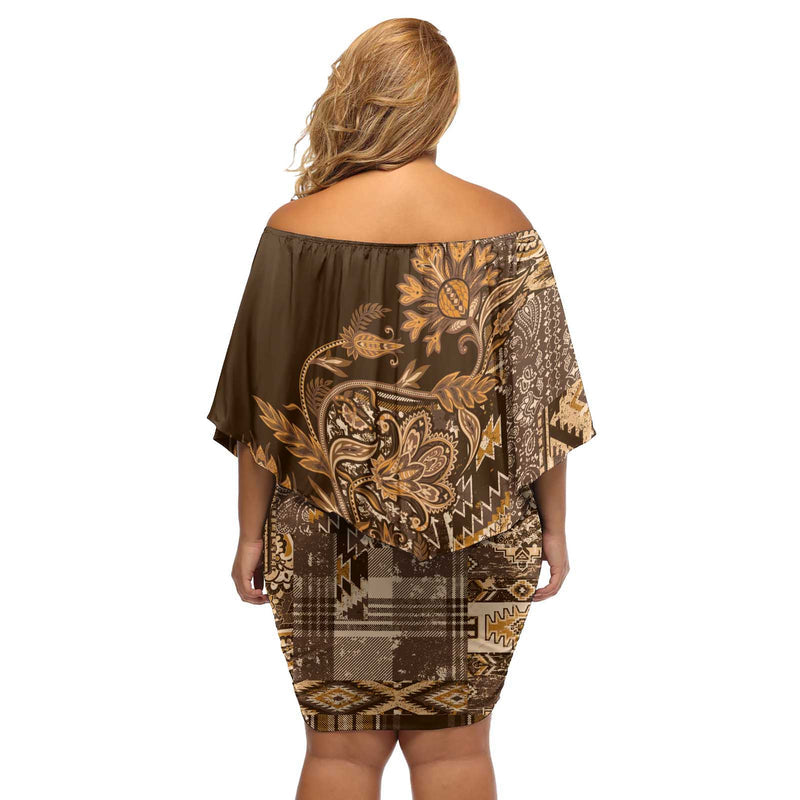Africa Floral Mix Maasai Shuka Gold Moitf Off Shoulder Short Dress