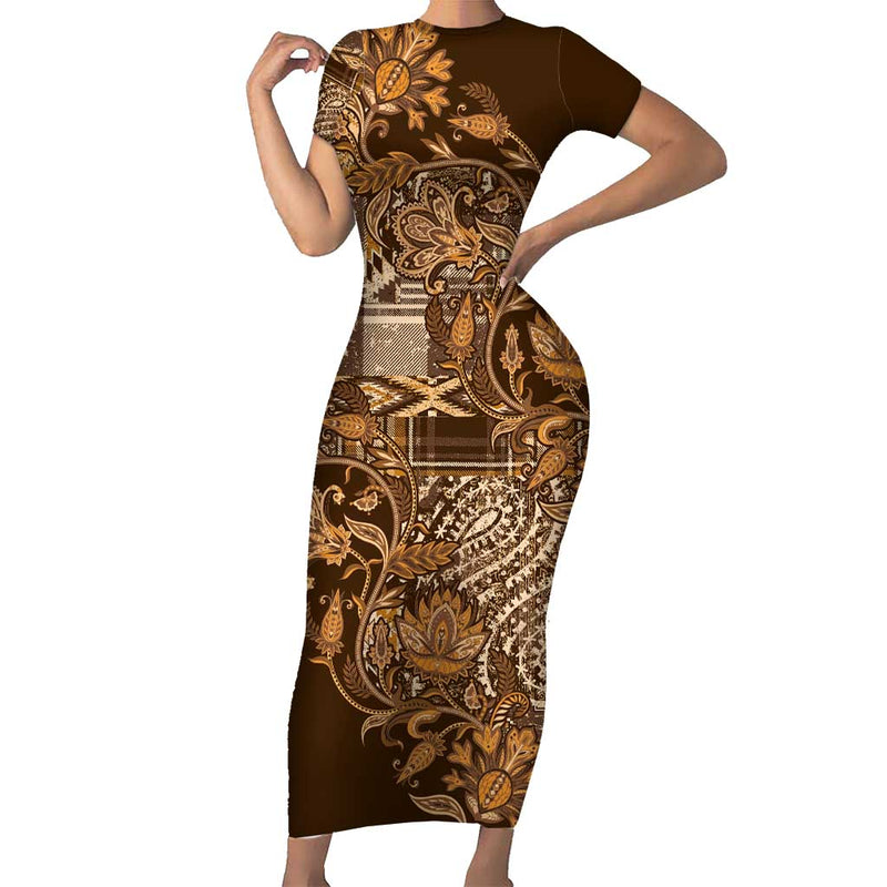 Africa Floral Mix Maasai Shuka Gold Moitf Short Sleeve Bodycon Dress