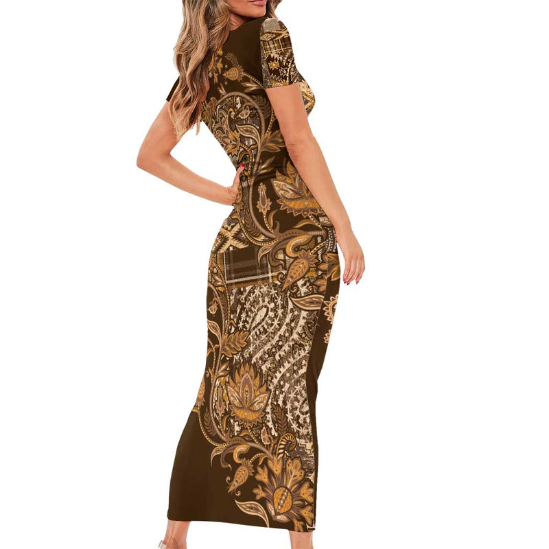 Africa Floral Mix Maasai Shuka Gold Moitf Short Sleeve Bodycon Dress