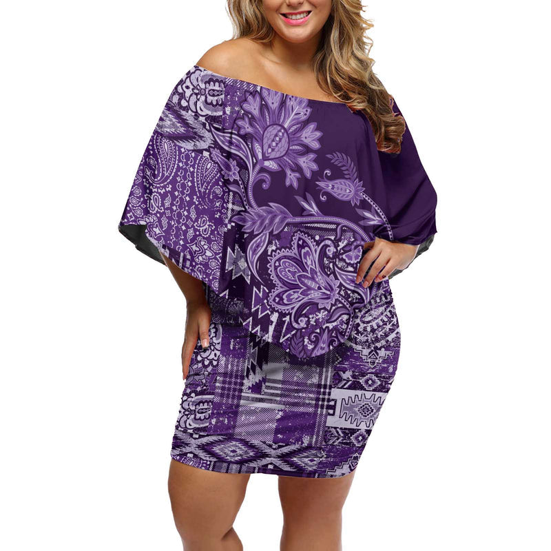 Africa Floral Mix Maasai Shuka Purple Moitf Off Shoulder Short Dress