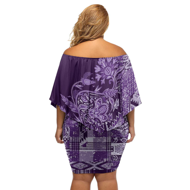 Africa Floral Mix Maasai Shuka Purple Moitf Off Shoulder Short Dress