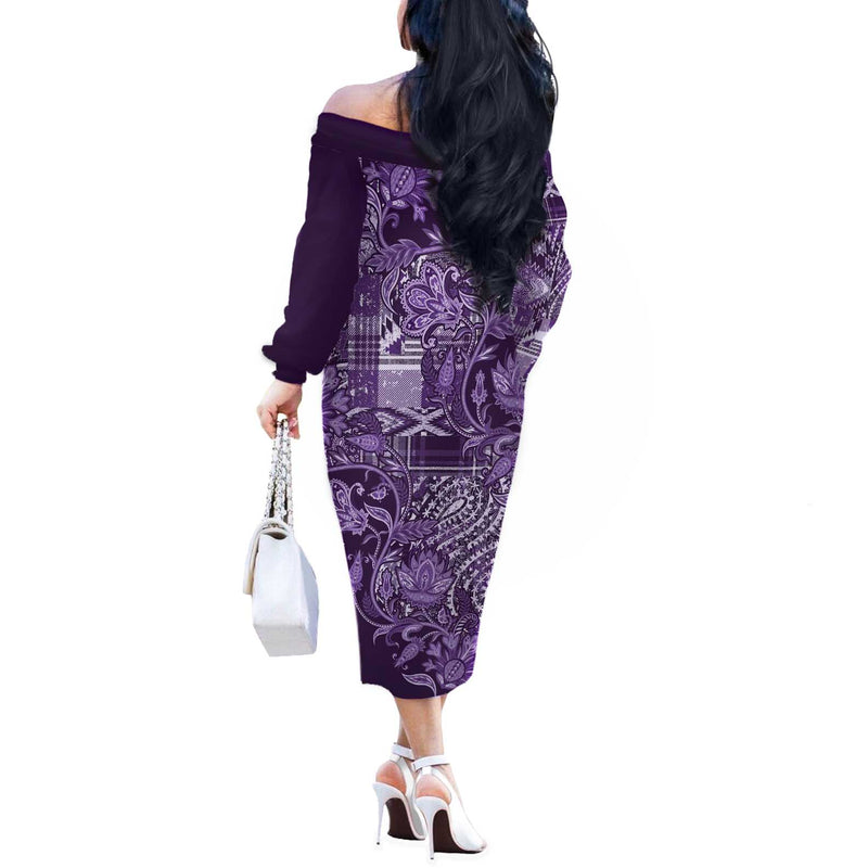 Africa Floral Mix Maasai Shuka Purple Moitf Off The Shoulder Long Sleeve Dress