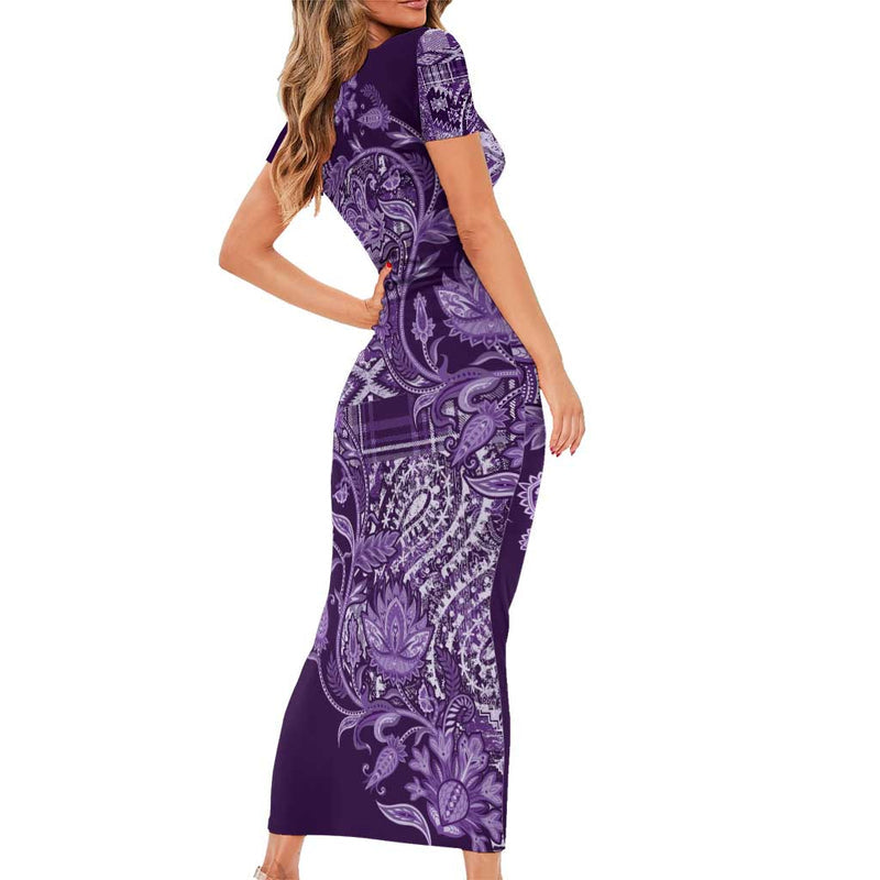 Africa Floral Mix Maasai Shuka Purple Moitf Short Sleeve Bodycon Dress