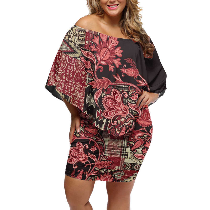 Africa Floral Mix Maasai Shuka Red Moitf Off Shoulder Short Dress