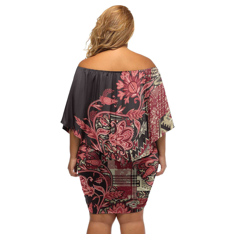 Africa Floral Mix Maasai Shuka Red Moitf Off Shoulder Short Dress