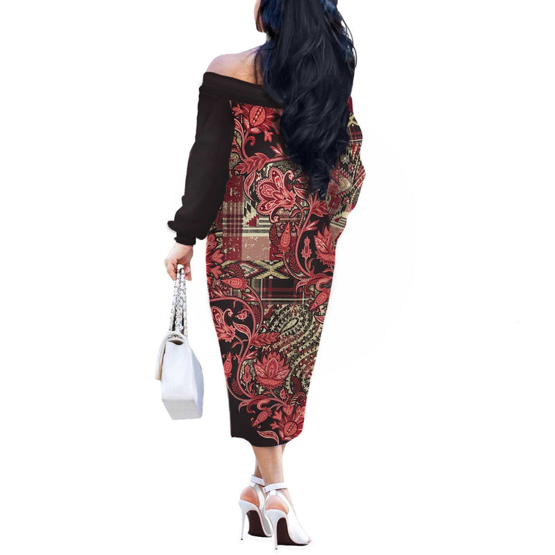 Africa Floral Mix Maasai Shuka Red Moitf Off The Shoulder Long Sleeve Dress