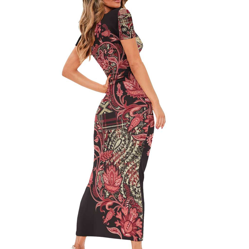 Africa Floral Mix Maasai Shuka Red Moitf Short Sleeve Bodycon Dress