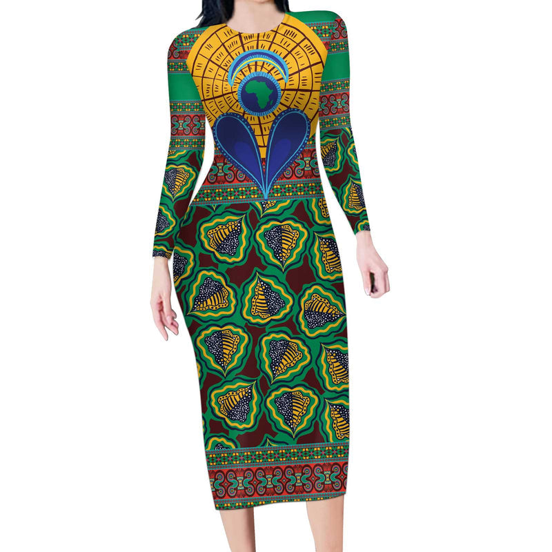 African Pattern Traditional Kanga Style Long Sleeve Bodycon Dress
