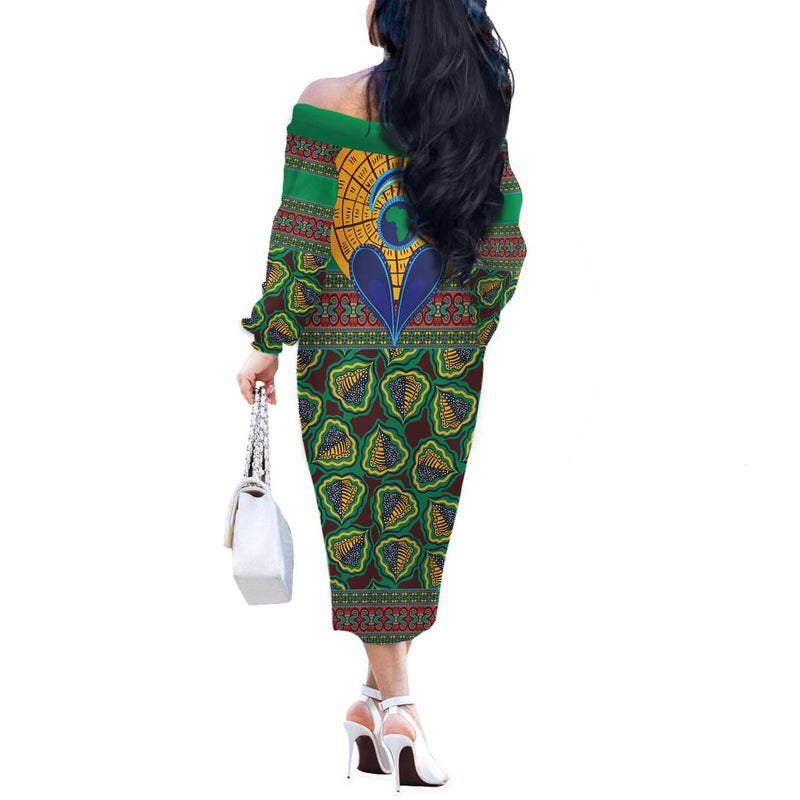 African Pattern Traditional Kanga Style Off The Shoulder Long Sleeve Dress
