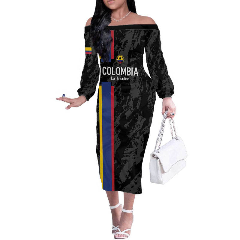 Custom Colombia Football 2024 Vamos La Tricolor - Black Off The Shoulder Long Sleeve Dress