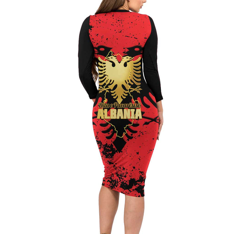 Albania Independence Day Dita E Pavaresise Map Grunge Style Long Sleeve Bodycon Dress