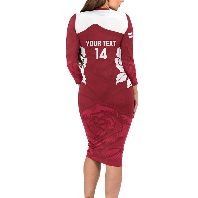 Custom England Rugby 2025 Go Champions Red Rose Long Sleeve Bodycon Dress
