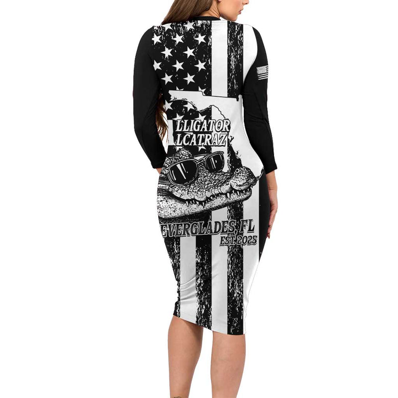 Alligator Alcatraz Cool Gator Everglades Usa Grunge Flag Long Sleeve Bodycon Dress