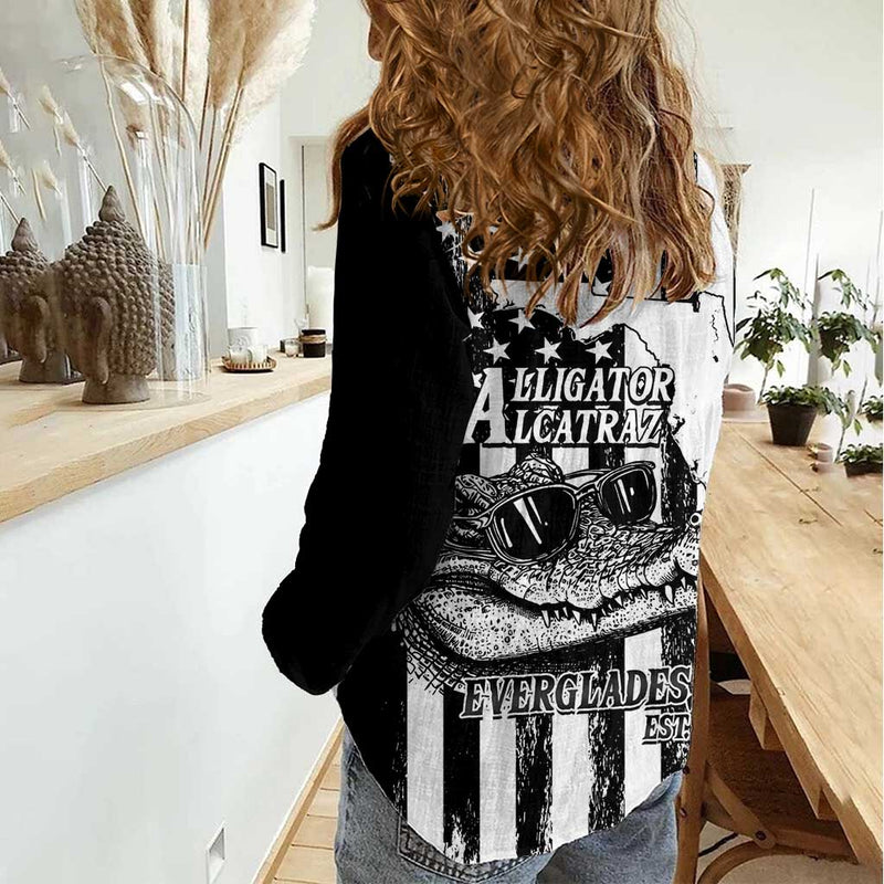 Alligator Alcatraz Cool Gator Everglades USA Grunge Flag Women Casual Shirt
