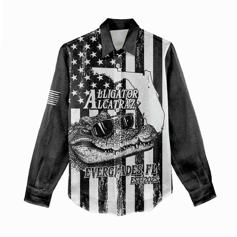 Alligator Alcatraz Cool Gator Everglades USA Grunge Flag Women Casual Shirt