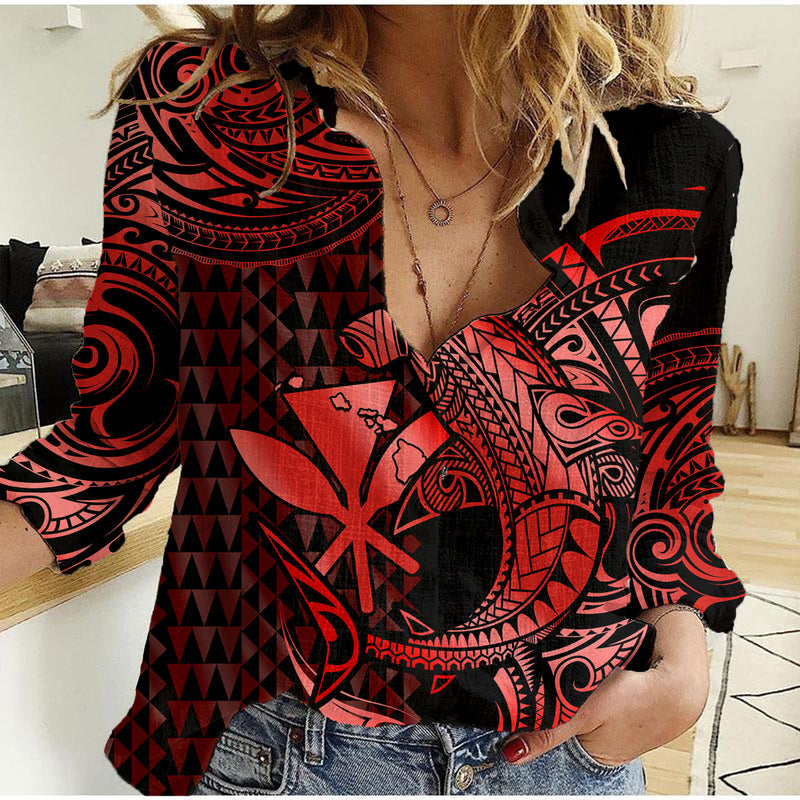 (Custom Personalised) Hawaii Hammerhead Shark Polynesian Kakau With Kanaka Red Women Casual Shirt