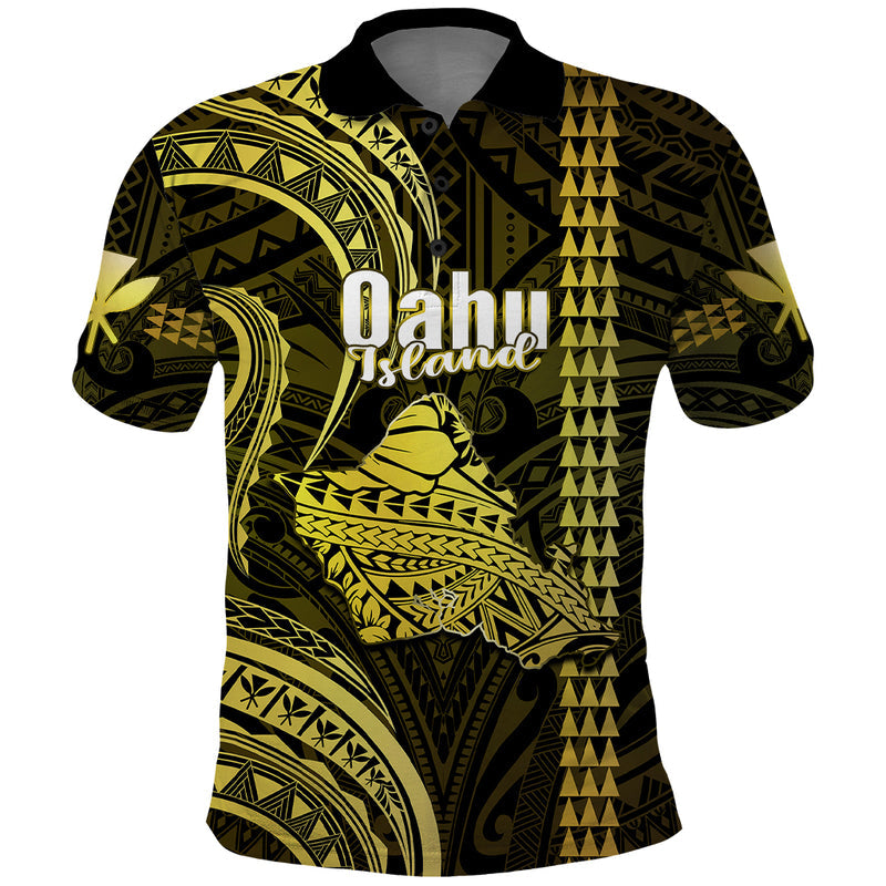 Custom Hawaiian Islands Oahu Map Yellow Kanaka With Kakau Polo Shirt