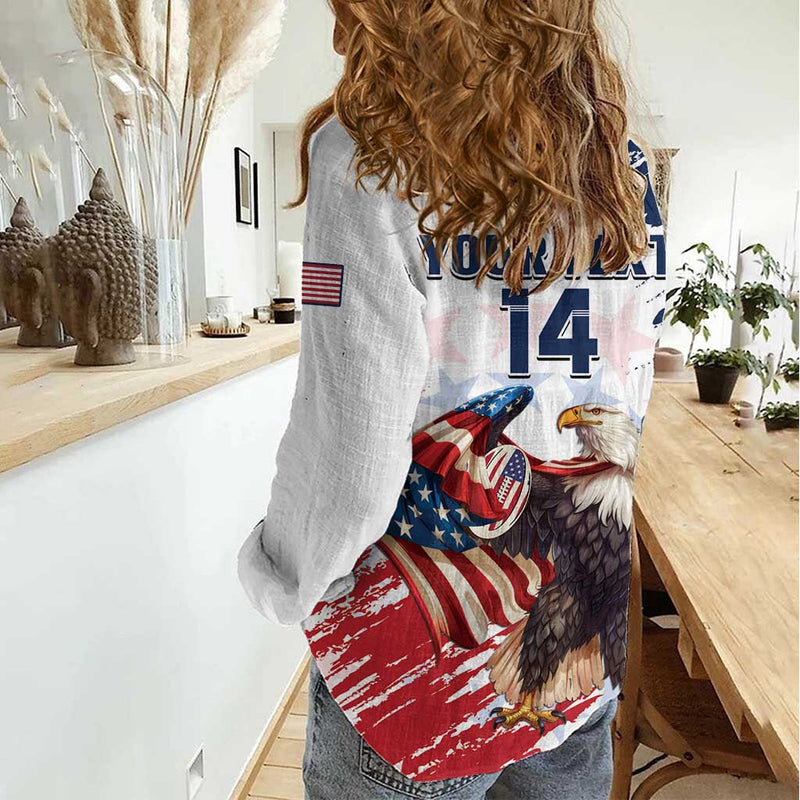 Custom USA Rugby Powerful Eagle Grunge Brush Style - White Women Casual Shirt