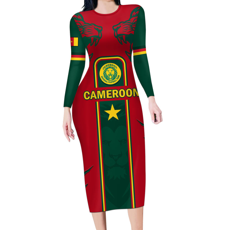 Custom Cameroon Football 2024 African Nations Go Champions Lion Style Long Sleeve Bodycon Dress