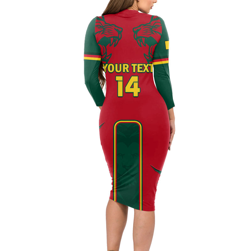 Custom Cameroon Football 2024 African Nations Go Champions Lion Style Long Sleeve Bodycon Dress