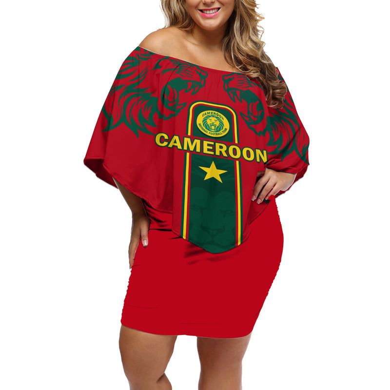 Custom Cameroon Football 2024 African Nations Go Champions Lion Style Off Shoulder Short Dress