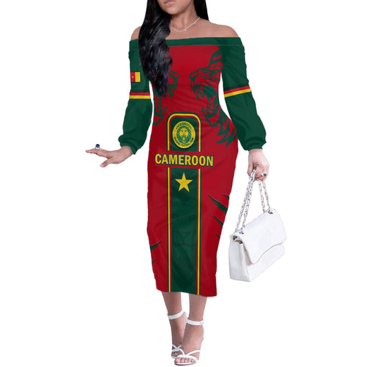 Custom Cameroon Football 2024 African Nations Go Champions Lion Style Off The Shoulder Long Sleeve Dress