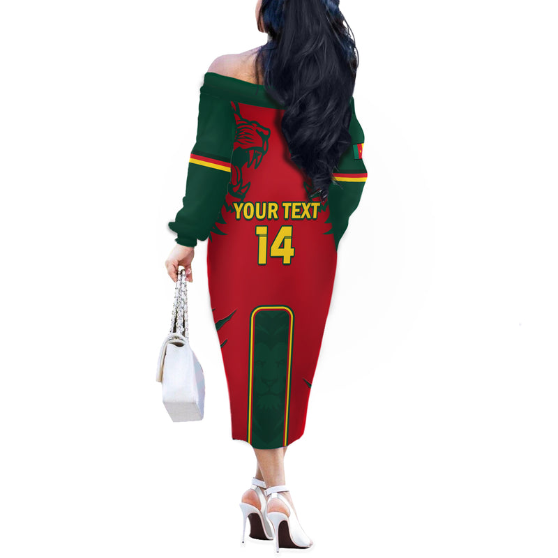 Custom Cameroon Football 2024 African Nations Go Champions Lion Style Off The Shoulder Long Sleeve Dress