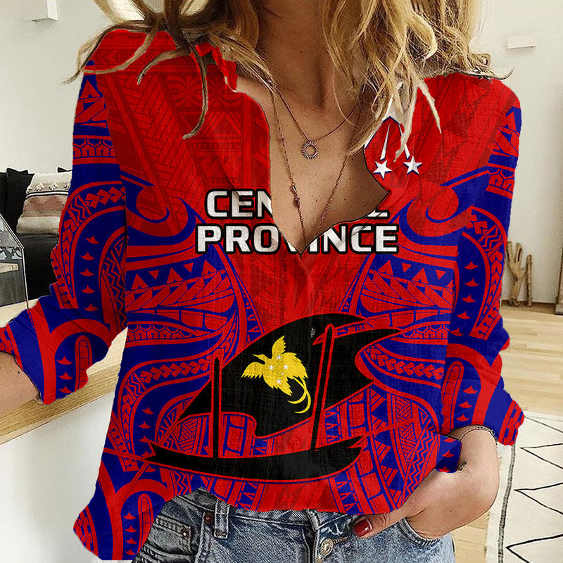 (Custom Personalised) Papua New Guinea Central Province Mix Coat Of Arms Polynesian Art Women Casual Shirt
