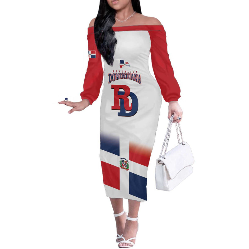 Custom Dominican Republic 2025 Baseball Go Champions Flag Style Off The Shoulder Long Sleeve Dress