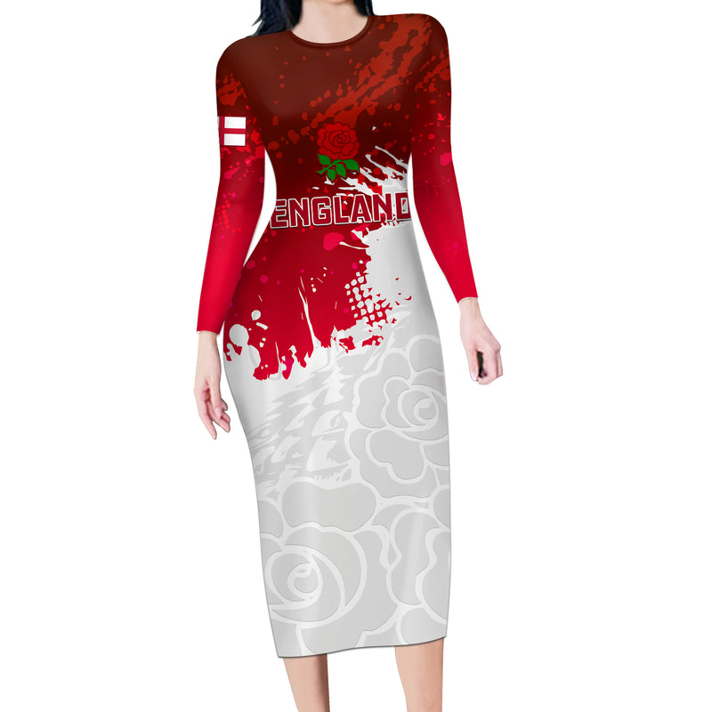Custom England Rugby 2023 Go Champions World Cup Red Rose Long Sleeve Bodycon Dress
