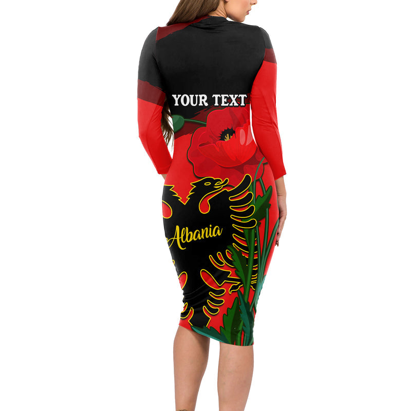Albania Flag Day Albanian Coat Of Arms With Red Poppy Long Sleeve Bodycon Dress