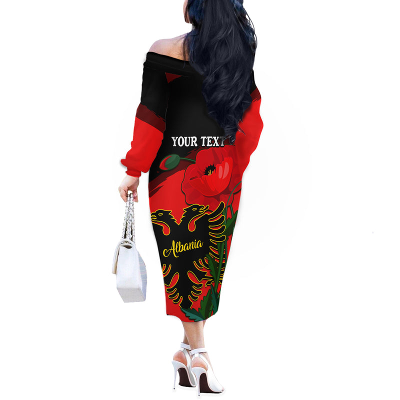 Albania Flag Day Albanian Coat Of Arms With Red Poppy Off The Shoulder Long Sleeve Dress