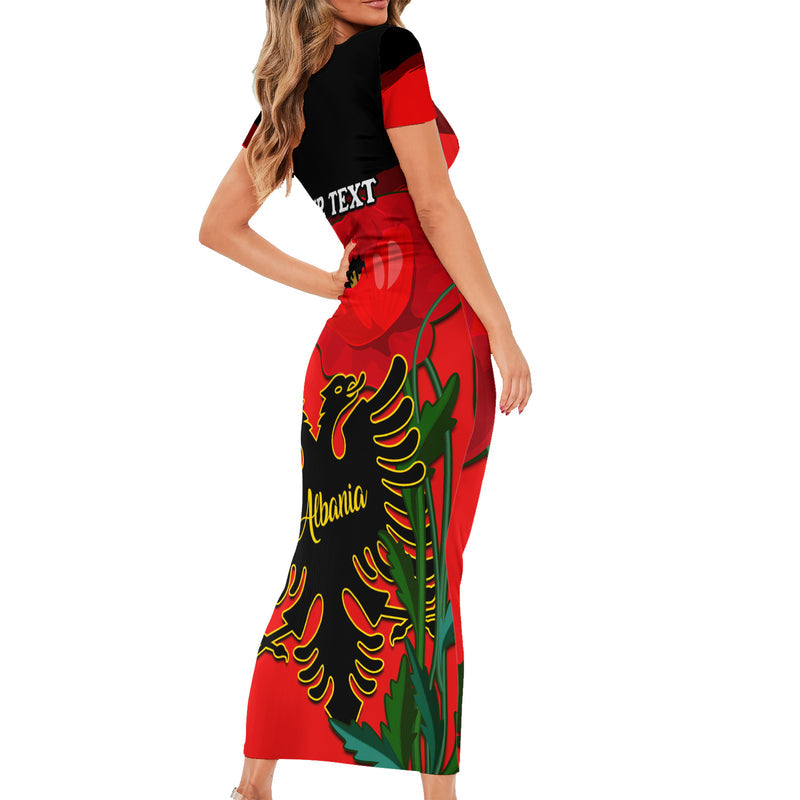 Albania Flag Day Albanian Coat Of Arms With Red Poppy Short Sleeve Bodycon Dress