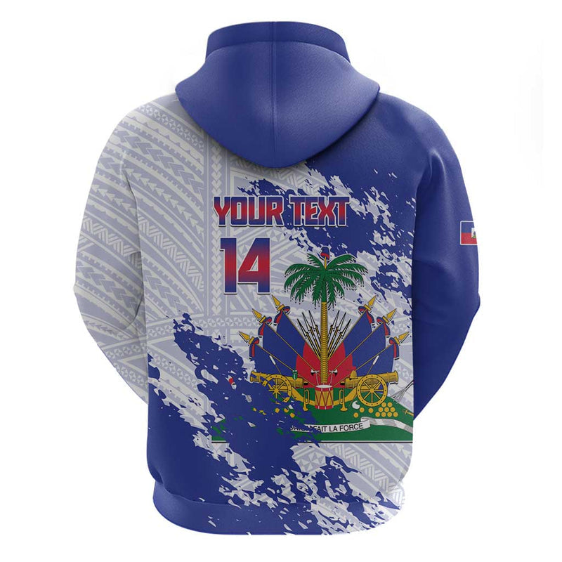 Custom Haiti Football Les Grenadiers Blue Grunge Polynesian Tattoo Hoodie
