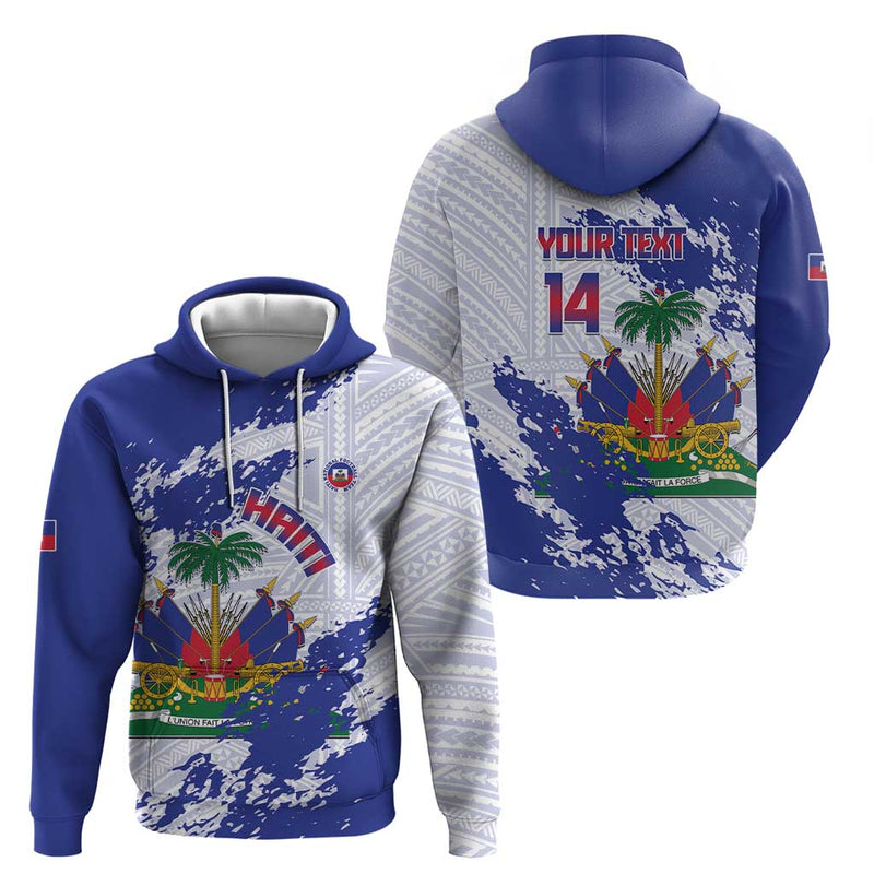 Custom Haiti Football Les Grenadiers Blue Grunge Polynesian Tattoo Hoodie