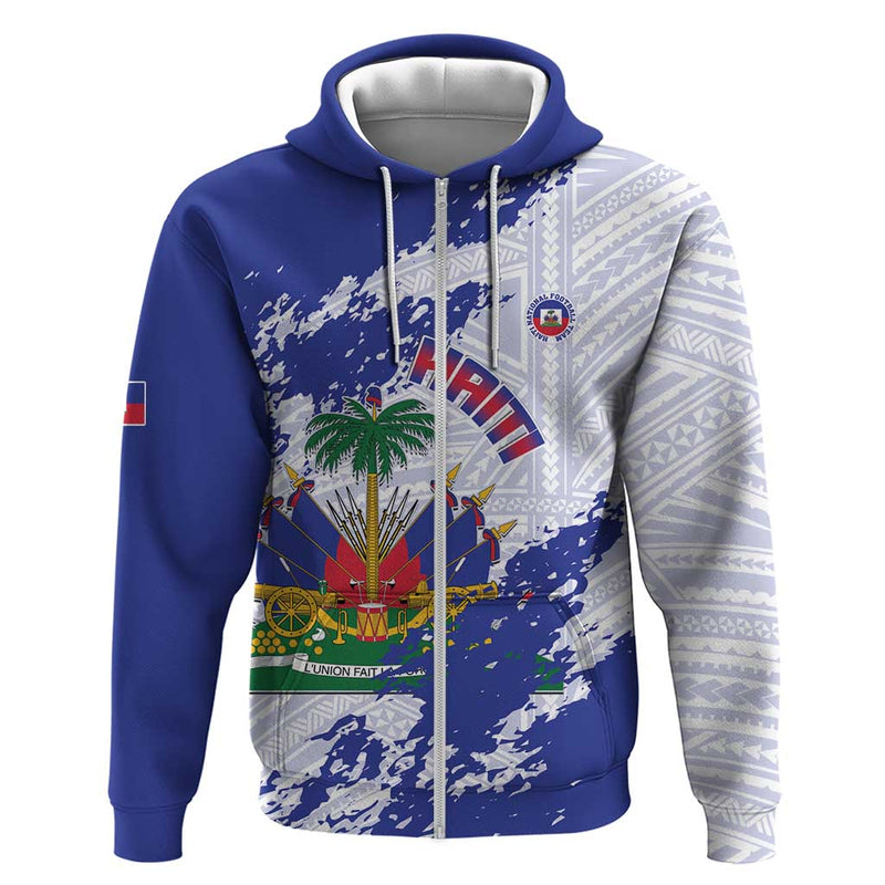 Custom Haiti Football Les Grenadiers Blue Grunge Polynesian Tattoo Hoodie