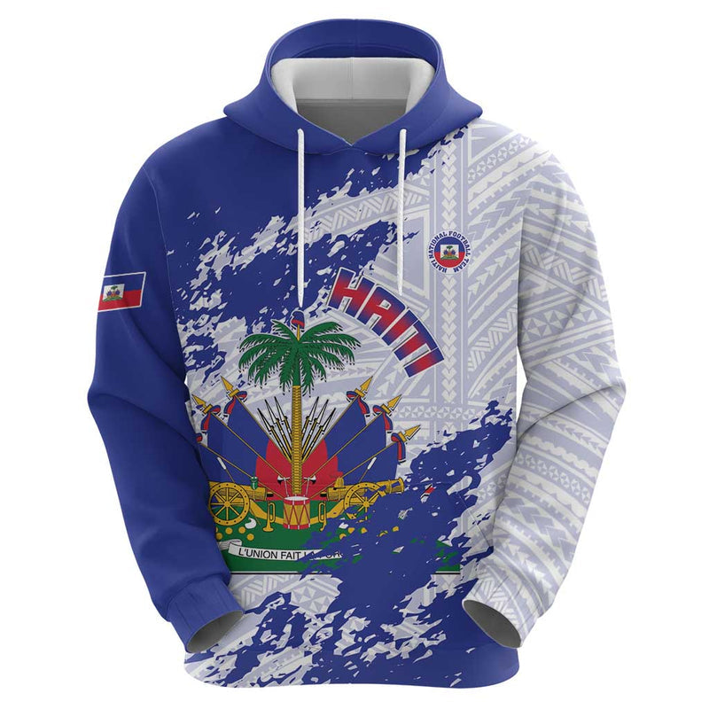 Custom Haiti Football Les Grenadiers Blue Grunge Polynesian Tattoo Hoodie