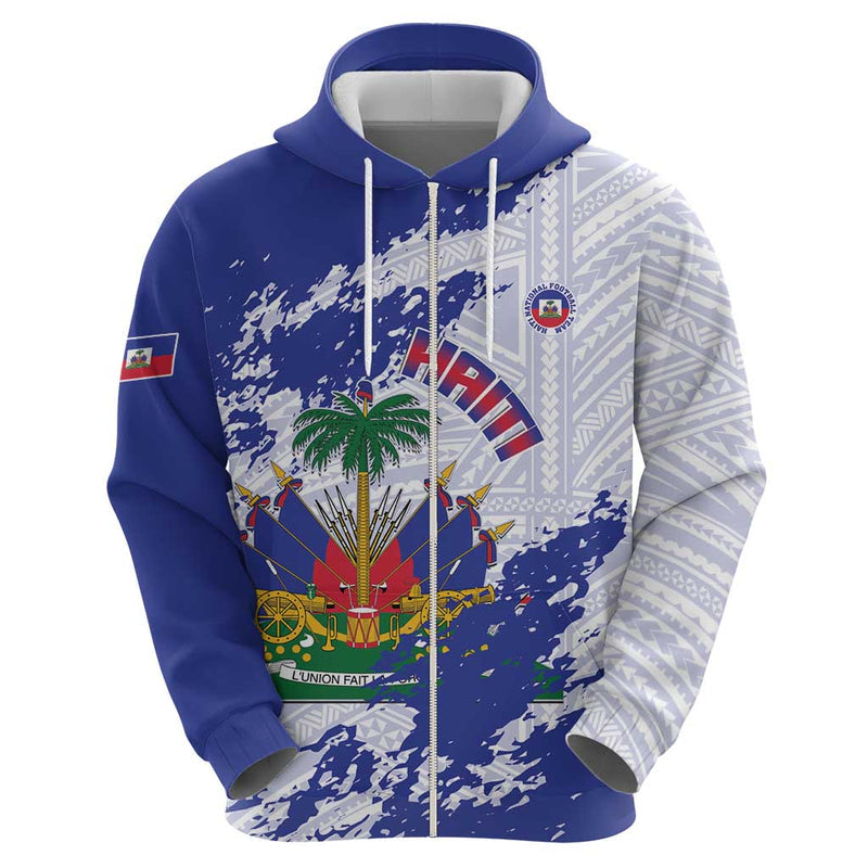 Custom Haiti Football Les Grenadiers Blue Grunge Polynesian Tattoo Hoodie