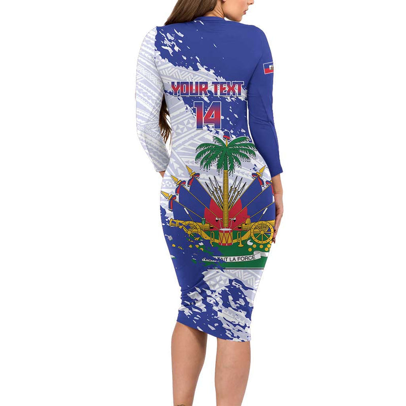 Custom Haiti Football Les Grenadiers Blue Grunge Polynesian Tattoo Long Sleeve Bodycon Dress