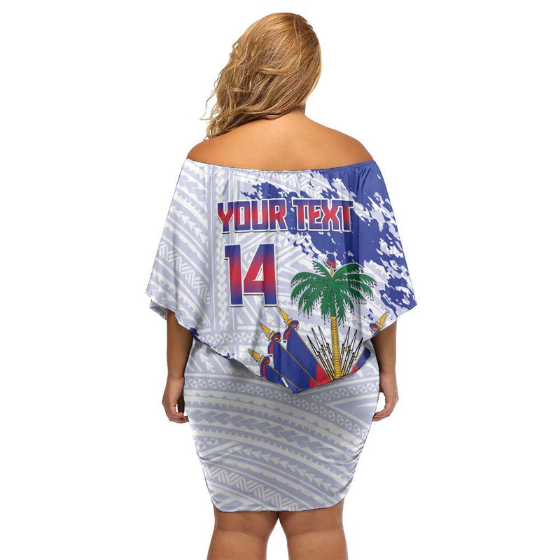 Custom Haiti Football Les Grenadiers Blue Grunge Polynesian Tattoo Off Shoulder Short Dress