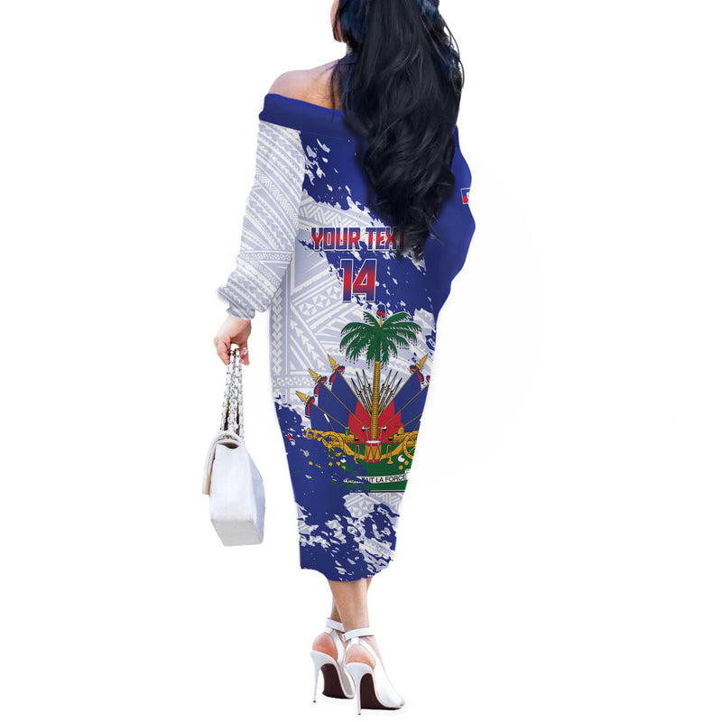 Custom Haiti Football Les Grenadiers Blue Grunge Polynesian Tattoo Off The Shoulder Long Sleeve Dress