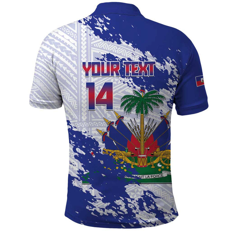Custom Haiti Football Les Grenadiers Blue Grunge Polynesian Tattoo Polo Shirt