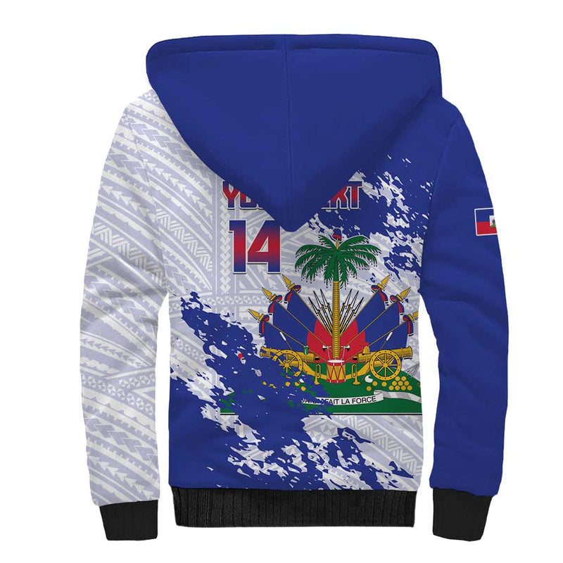 Custom Haiti Football Les Grenadiers Blue Grunge Polynesian Tattoo Sherpa Hoodie