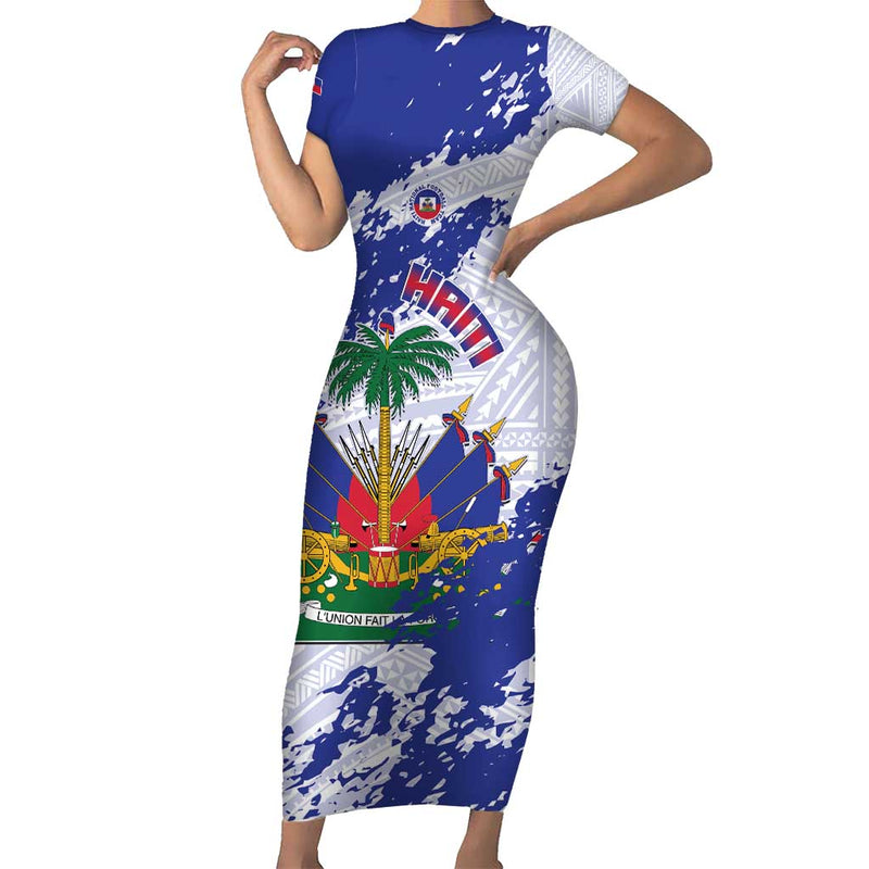 Custom Haiti Football Les Grenadiers Blue Grunge Polynesian Tattoo Short Sleeve Bodycon Dress