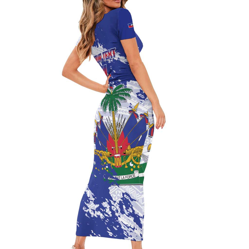 Custom Haiti Football Les Grenadiers Blue Grunge Polynesian Tattoo Short Sleeve Bodycon Dress