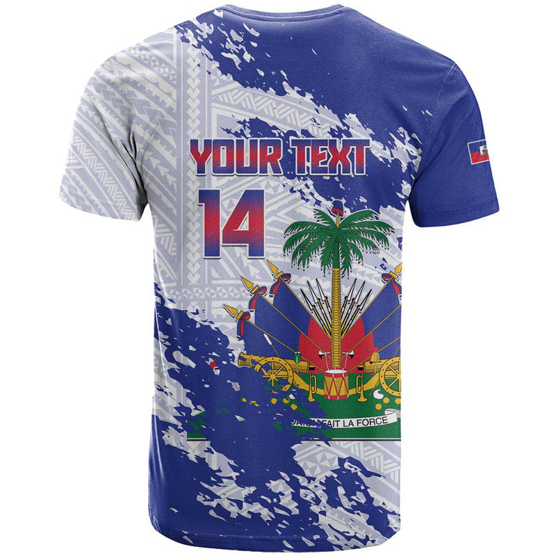 Custom Haiti Football Les Grenadiers Blue Grunge Polynesian Tattoo T Shirt