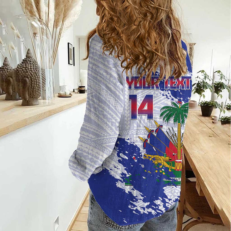 Custom Haiti Football Les Grenadiers Blue Grunge Polynesian Tattoo Women Casual Shirt