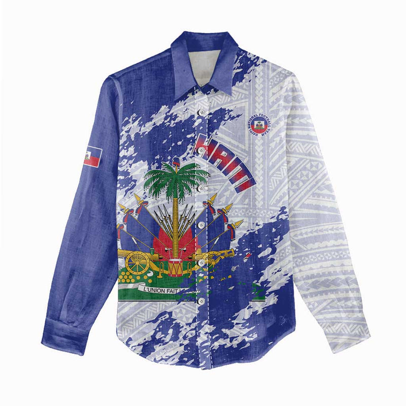 Custom Haiti Football Les Grenadiers Blue Grunge Polynesian Tattoo Women Casual Shirt